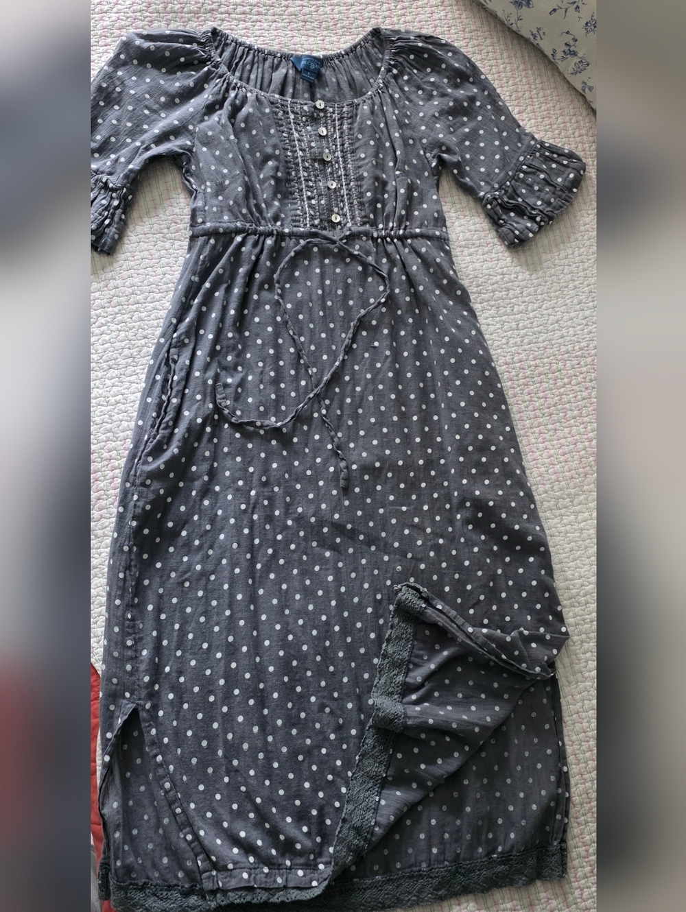 April Cornell Slate Blue And White Polka Dot Midi Dress